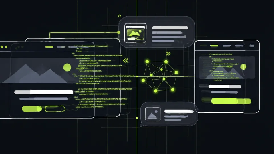 The same layout pulled apart into its structure: panels of glowing lines standing for code, a small graph of connected points, and cards joined by lines.
