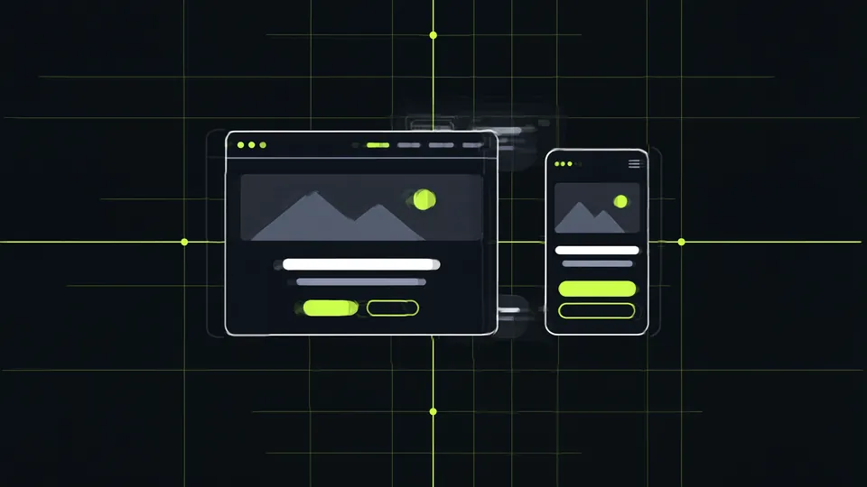 A web page layout built on a lime grid: a navigation bar, an image block, a headline and two buttons, with the same layout on a phone beside it.