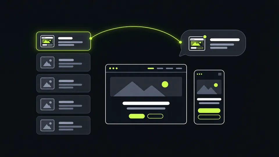 A stack of search results with the top one glowing lime, joined by a curved line to an answer bubble; the finished layout and its phone version sit beside them.