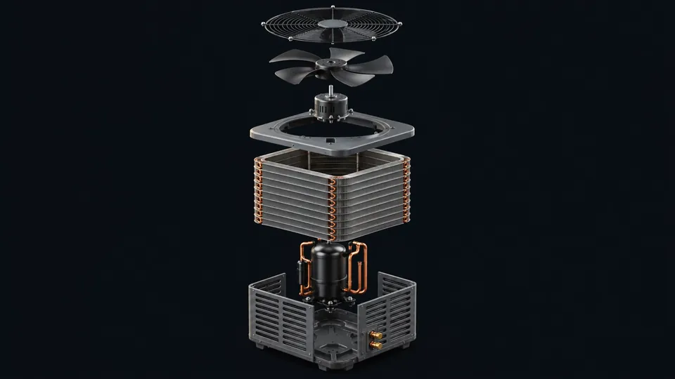An outdoor air-conditioner unit in an exploded view: fan grille, fan blade, motor, top cover, condenser coil, compressor and louvered base.