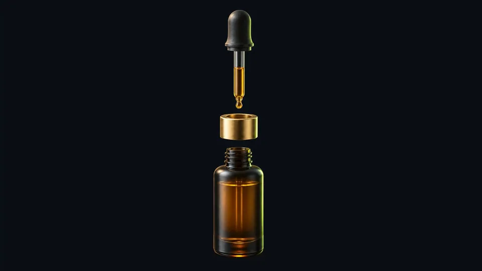 A black-glass serum bottle taken apart: the dropper bulb and pipette with a drop of serum, the gold collar and the bottle.